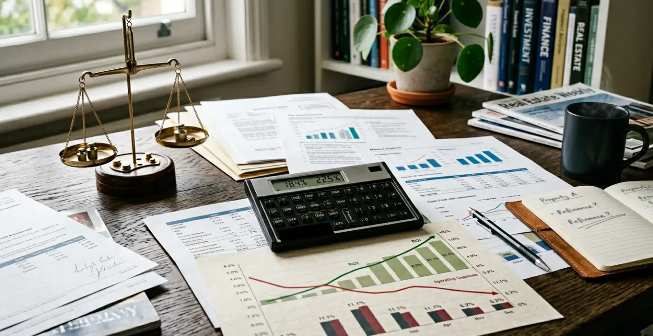 Calcolo della redditività di un investimento immobiliare con calcolatrice e documenti finanziari