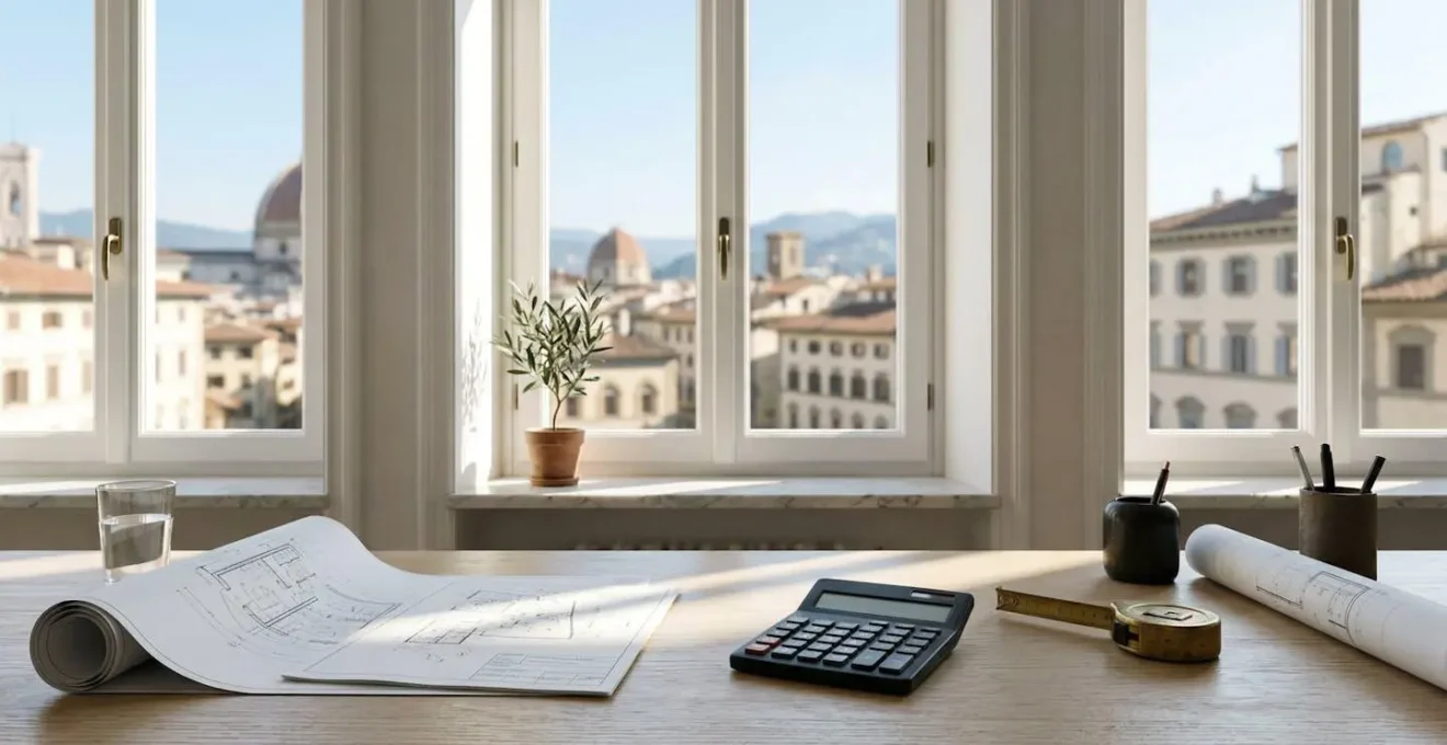 Calcolo del valore di un immobile con documenti e calcolatrice