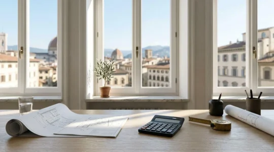 Calcolo del valore di un immobile con documenti e calcolatrice