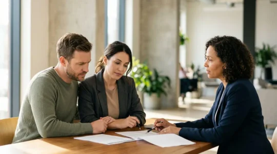 Coppia che valuta documenti contrattuali per l'acquisto di una casa con professionale immobiliare