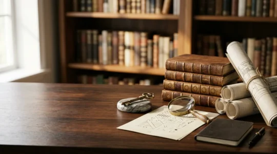 Analisi documenti proprietà immobiliare con lente ingrandimento su scrivania notarile
