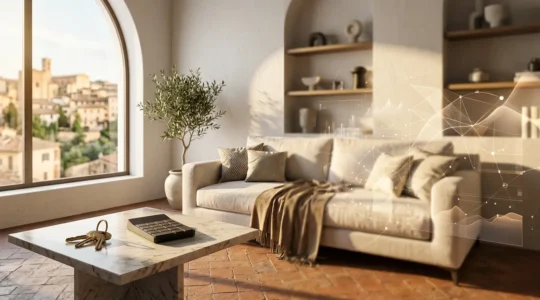 Investitore che analizza dati finanziari di proprietà immobiliari con rendimento positivo