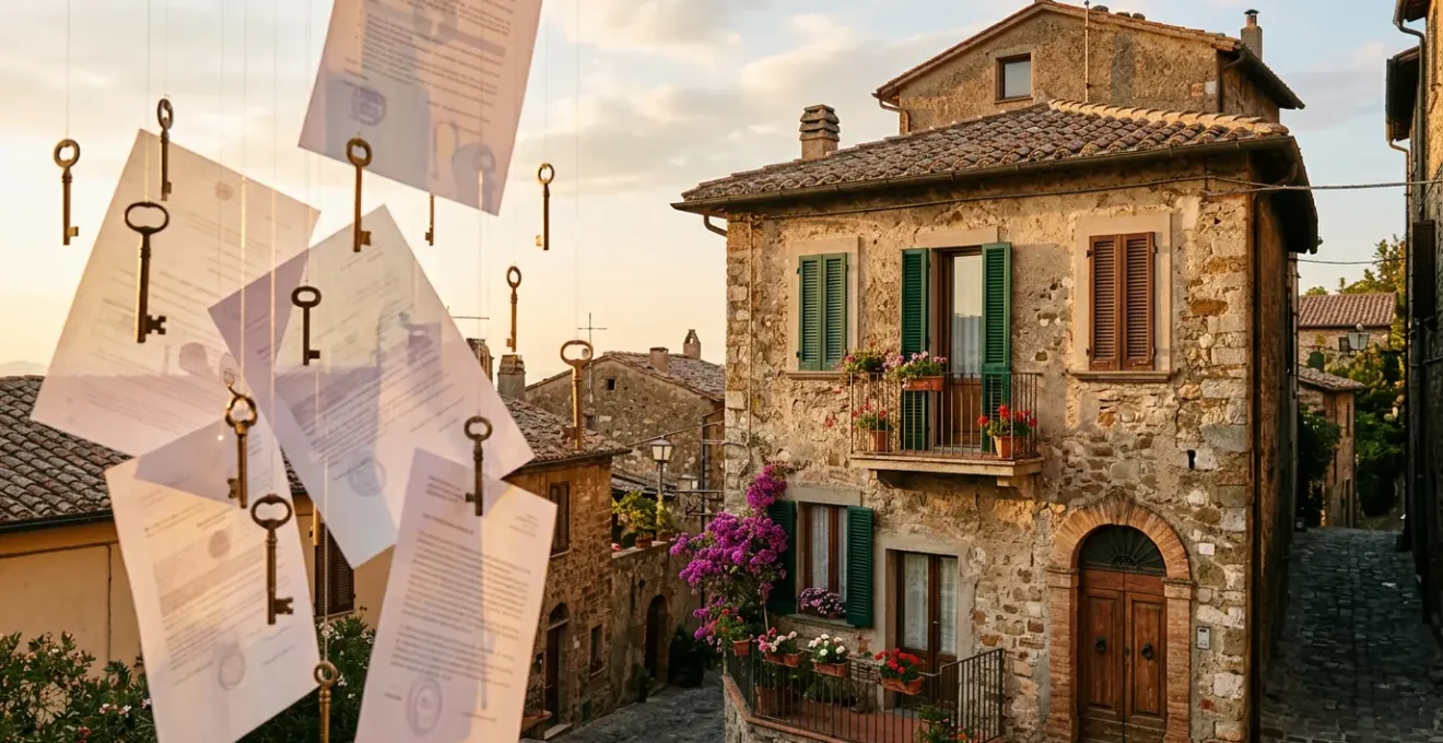 Vista di un immobile italiano con documenti legali e chiavi sospese in primo piano