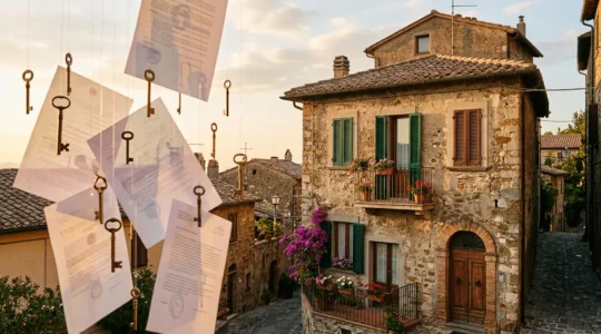 Vista di un immobile italiano con documenti legali e chiavi sospese in primo piano