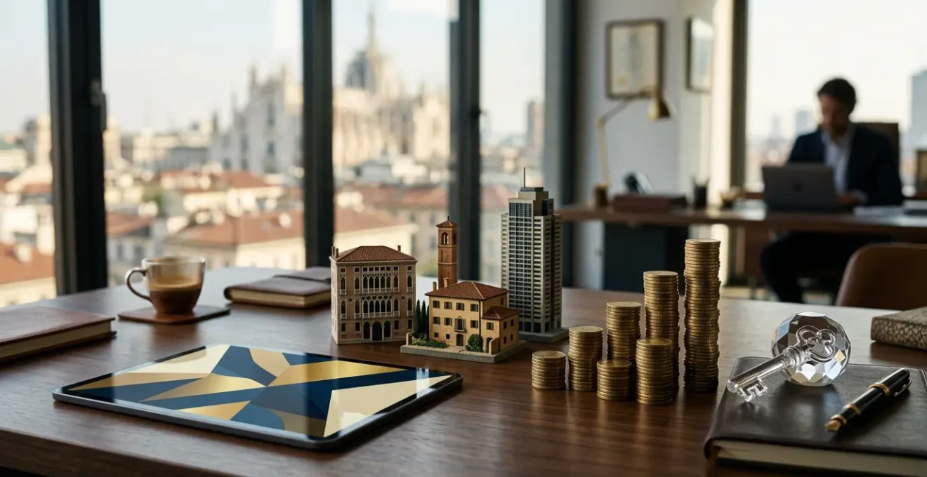 Diversi strumenti di investimento immobiliare rappresentati simbolicamente su una scrivania italiana elegante