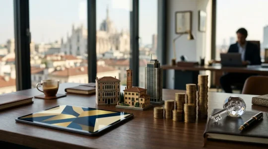 Diversi strumenti di investimento immobiliare rappresentati simbolicamente su una scrivania italiana elegante