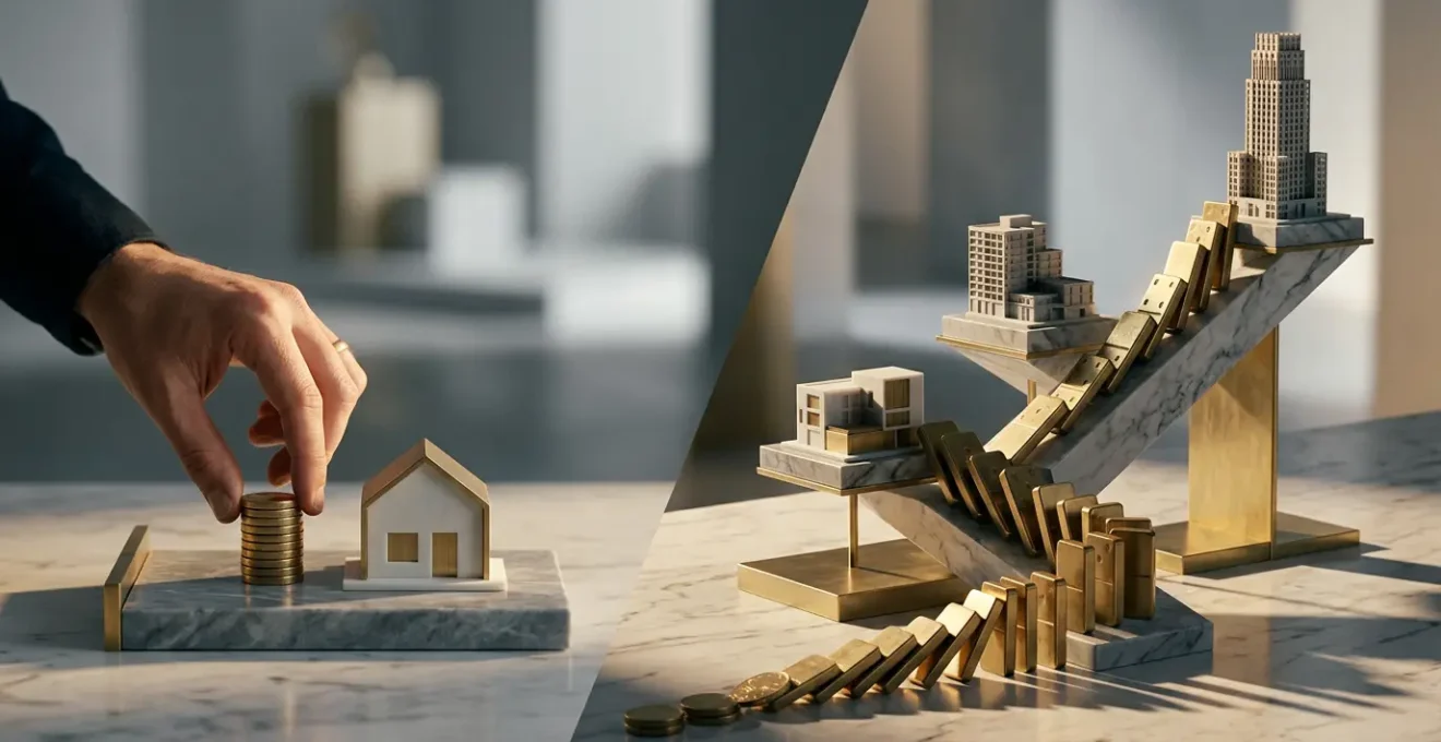 Confronto visivo tra due investitori immobiliari che analizzano grafici di rendimento con modelli architettonici in scala