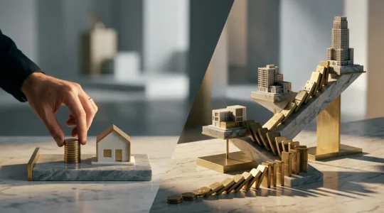 Confronto visivo tra due investitori immobiliari che analizzano grafici di rendimento con modelli architettonici in scala