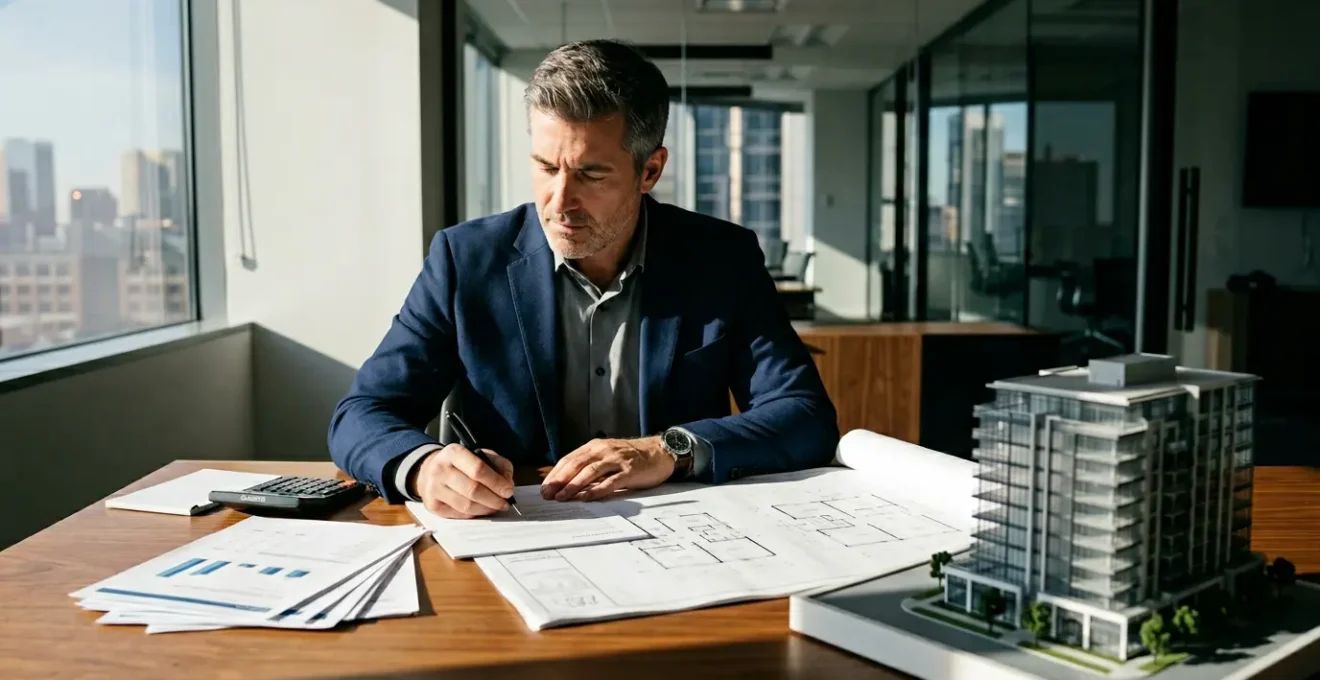 Investitore analizza documenti finanziari e modelli architettonici per calcolare il rendimento con leva finanziaria