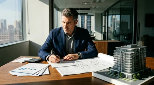 Investitore analizza documenti finanziari e modelli architettonici per calcolare il rendimento con leva finanziaria