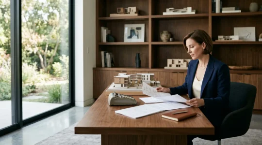 Proprietario immobiliare che analizza documenti e grafici per determinare il giusto canone di locazione