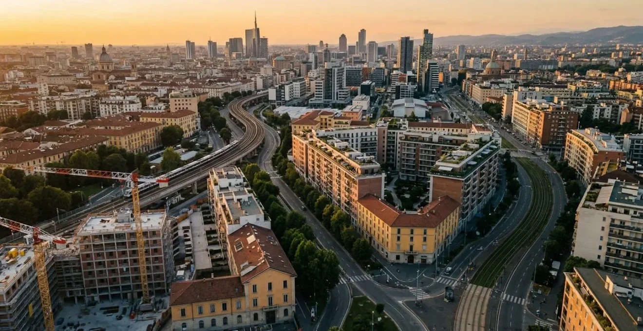 Vista panoramica dei quartieri emergenti di Milano e Roma con sviluppi urbani moderni e aree residenziali in trasformazione