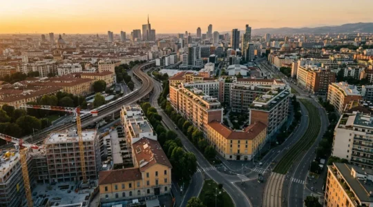Vista panoramica dei quartieri emergenti di Milano e Roma con sviluppi urbani moderni e aree residenziali in trasformazione