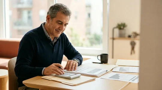 Proprietario immobiliare che analizza documenti fiscali con calcolatrice in primo piano