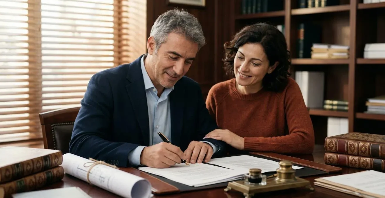 Momento della firma del rogito notarile con documenti immobiliari sul tavolo