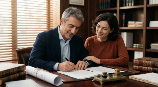 Momento della firma del rogito notarile con documenti immobiliari sul tavolo