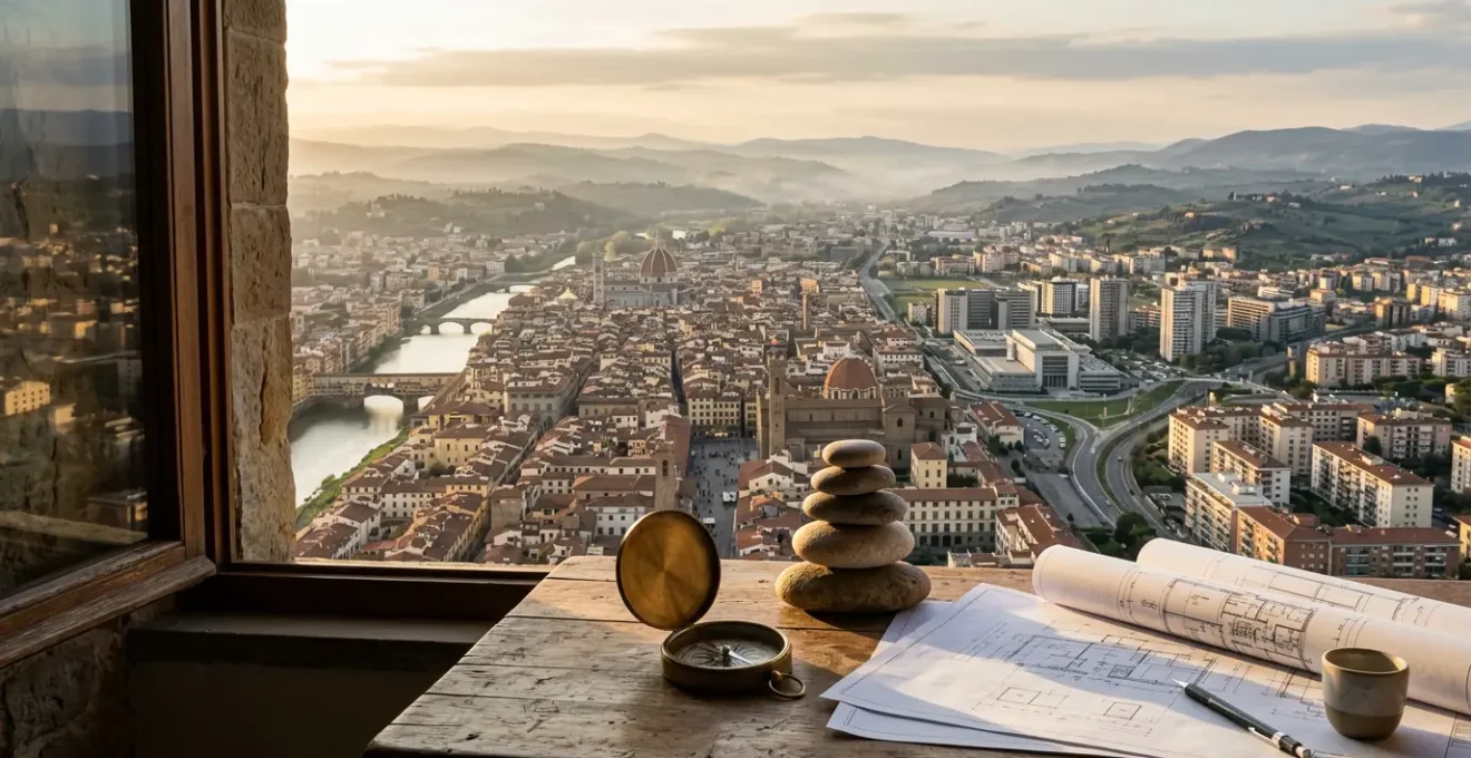 Vista aerea del mercato immobiliare italiano con indicatori di trend e architettura urbana mista