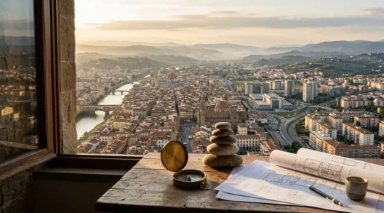 Vista aerea del mercato immobiliare italiano con indicatori di trend e architettura urbana mista