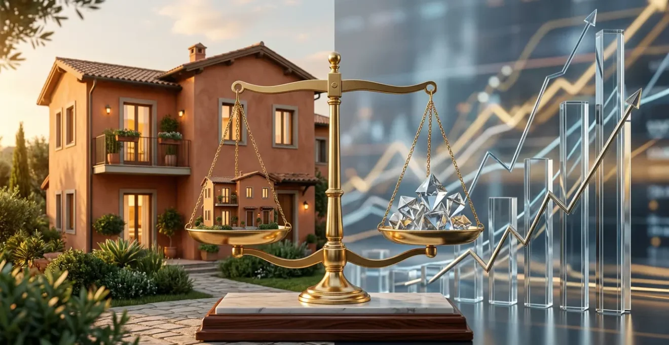 Confronto visivo tra investimento immobiliare e ETF azionario con elementi finanziari