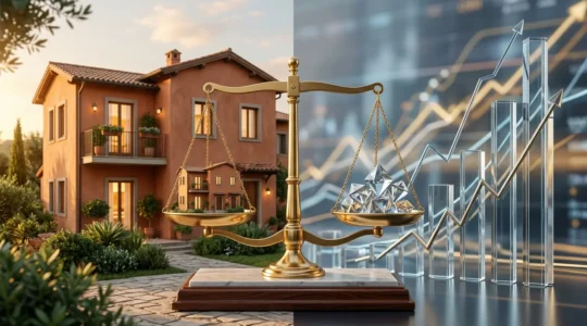 Confronto visivo tra investimento immobiliare e ETF azionario con elementi finanziari
