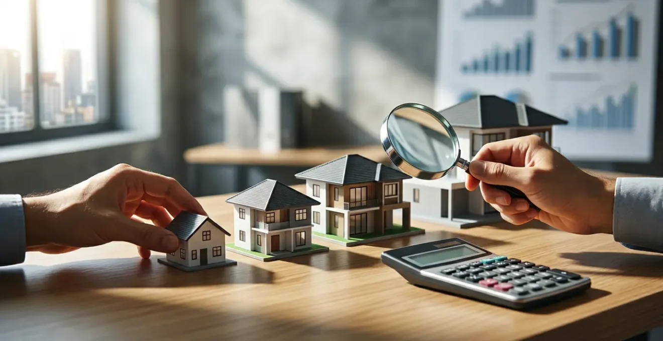 Mano con calcolatrice analizza grafici immobiliari e modello casa in miniatura