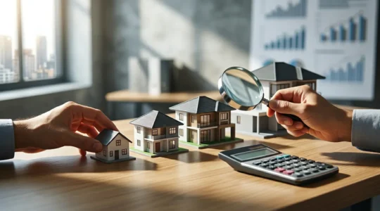 Mano con calcolatrice analizza grafici immobiliari e modello casa in miniatura