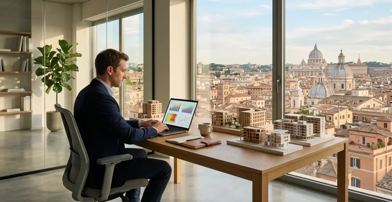 Professionista che analizza dati del mercato immobiliare su laptop con grafici e mappe urbane