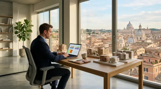 Professionista che analizza dati del mercato immobiliare su laptop con grafici e mappe urbane