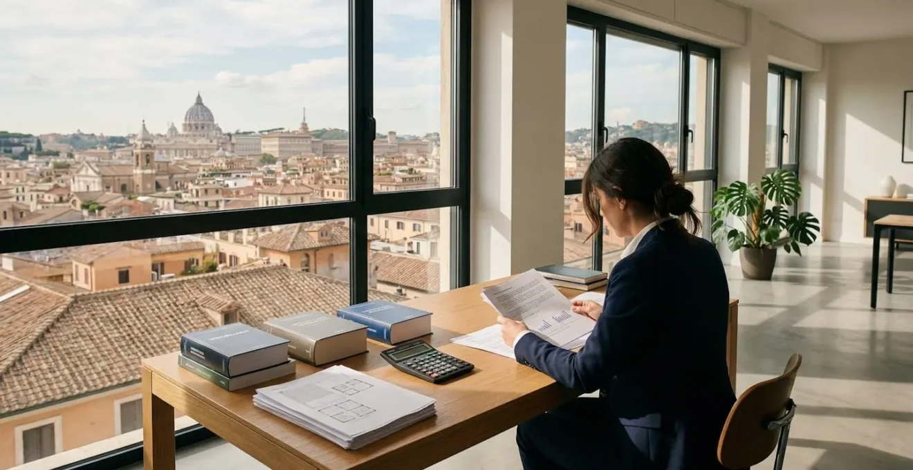 Consulente immobiliare analizza documenti fiscali per ottimizzazione plusvalenza su vendita casa in Italia