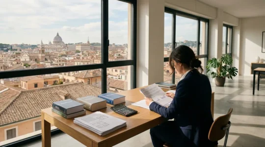 Consulente immobiliare analizza documenti fiscali per ottimizzazione plusvalenza su vendita casa in Italia