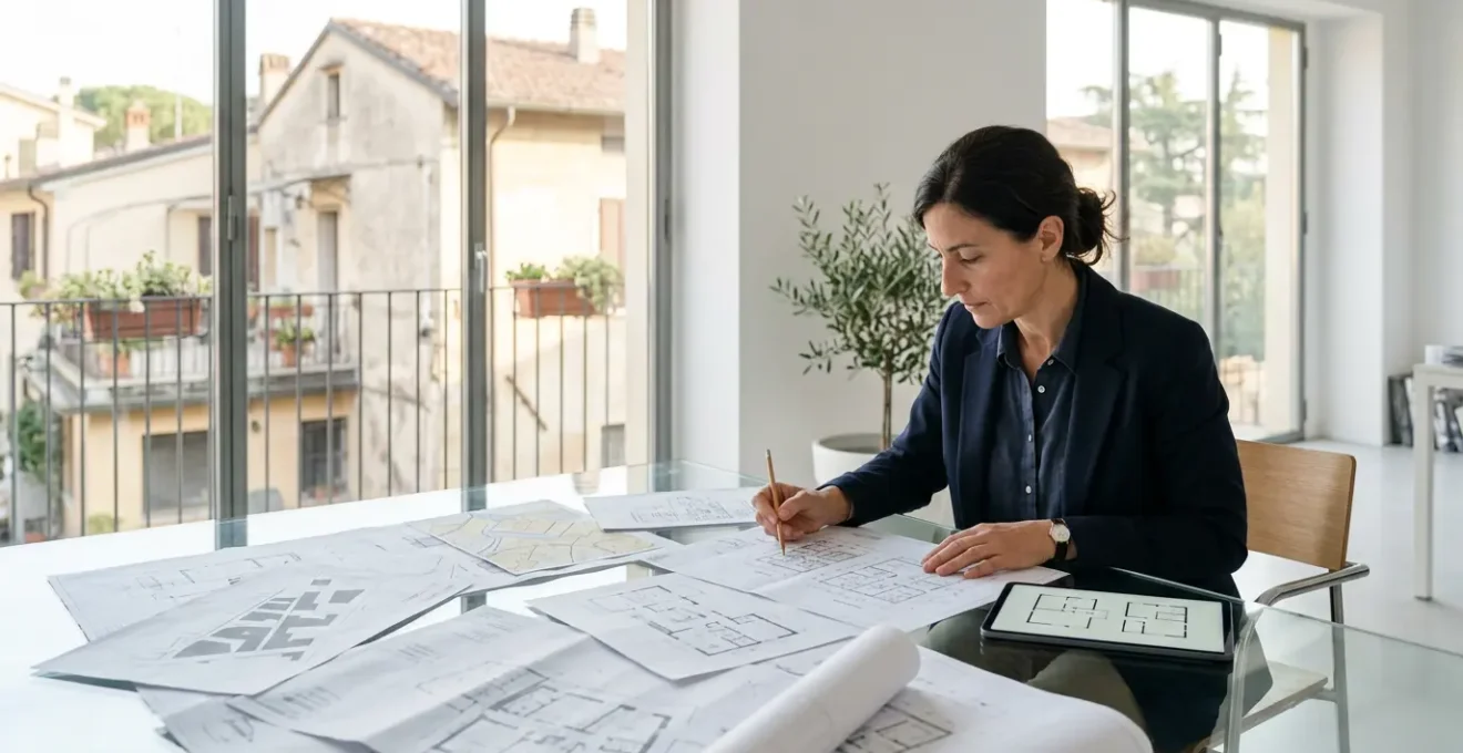 Professionista che analizza documenti catastali con planimetria e immobile sullo sfondo