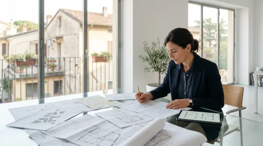 Professionista che analizza documenti catastali con planimetria e immobile sullo sfondo