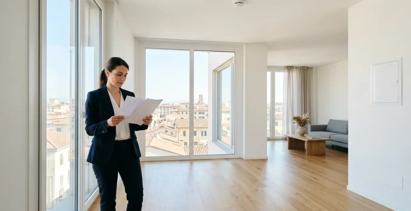 Proprietario che esamina documenti di conformità in un appartamento luminoso con vista sui certificati e impianti