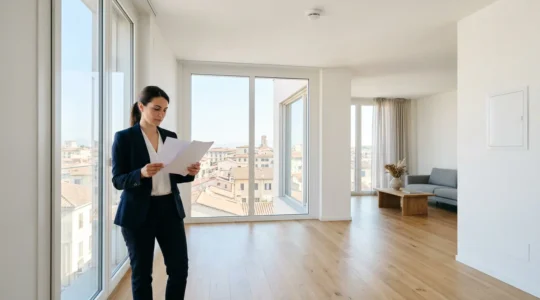 Proprietario che esamina documenti di conformità in un appartamento luminoso con vista sui certificati e impianti