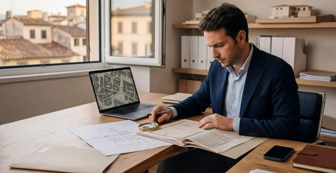 Professionista che analizza documenti immobiliari con laptop e planimetrie catastali