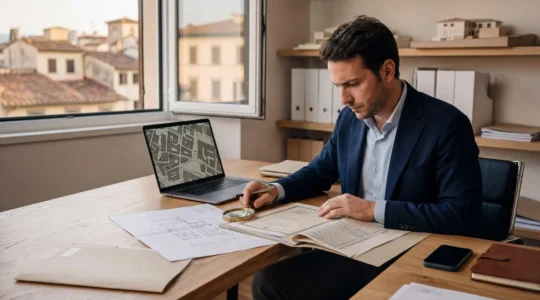 Professionista che analizza documenti immobiliari con laptop e planimetrie catastali