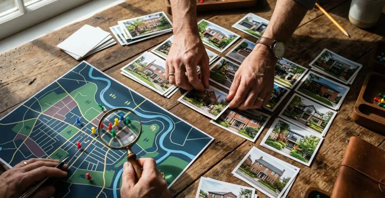 Persona che confronta diversi annunci immobiliari su documenti cartacei con mappe del quartiere