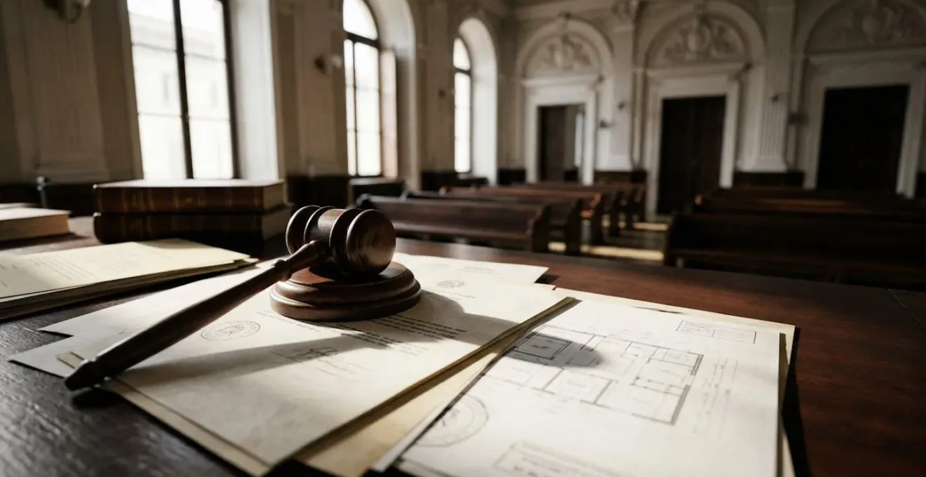 Sala d'asta giudiziaria con documenti immobiliari e martelletto del giudice