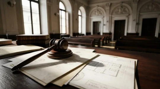Sala d'asta giudiziaria con documenti immobiliari e martelletto del giudice