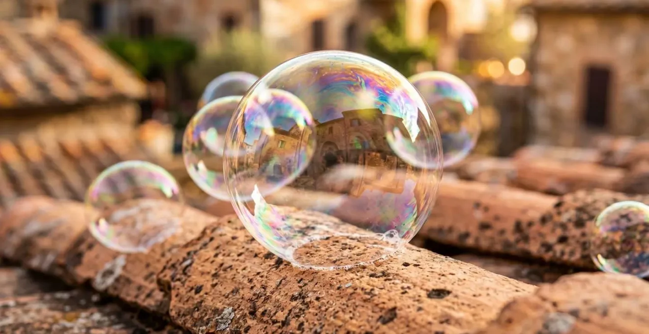 Metafora visiva della bolla immobiliare con architettura italiana e bolle di sapone