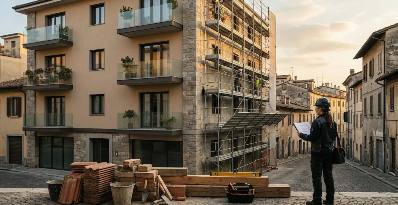 Vista di una casa italiana in fase di ristrutturazione con documentazione fiscale