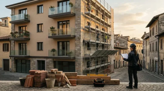 Vista di una casa italiana in fase di ristrutturazione con documentazione fiscale