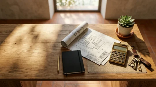 Calcolo dettagliato dei costi reali di proprietà immobiliare con documenti finanziari e calcolatrice