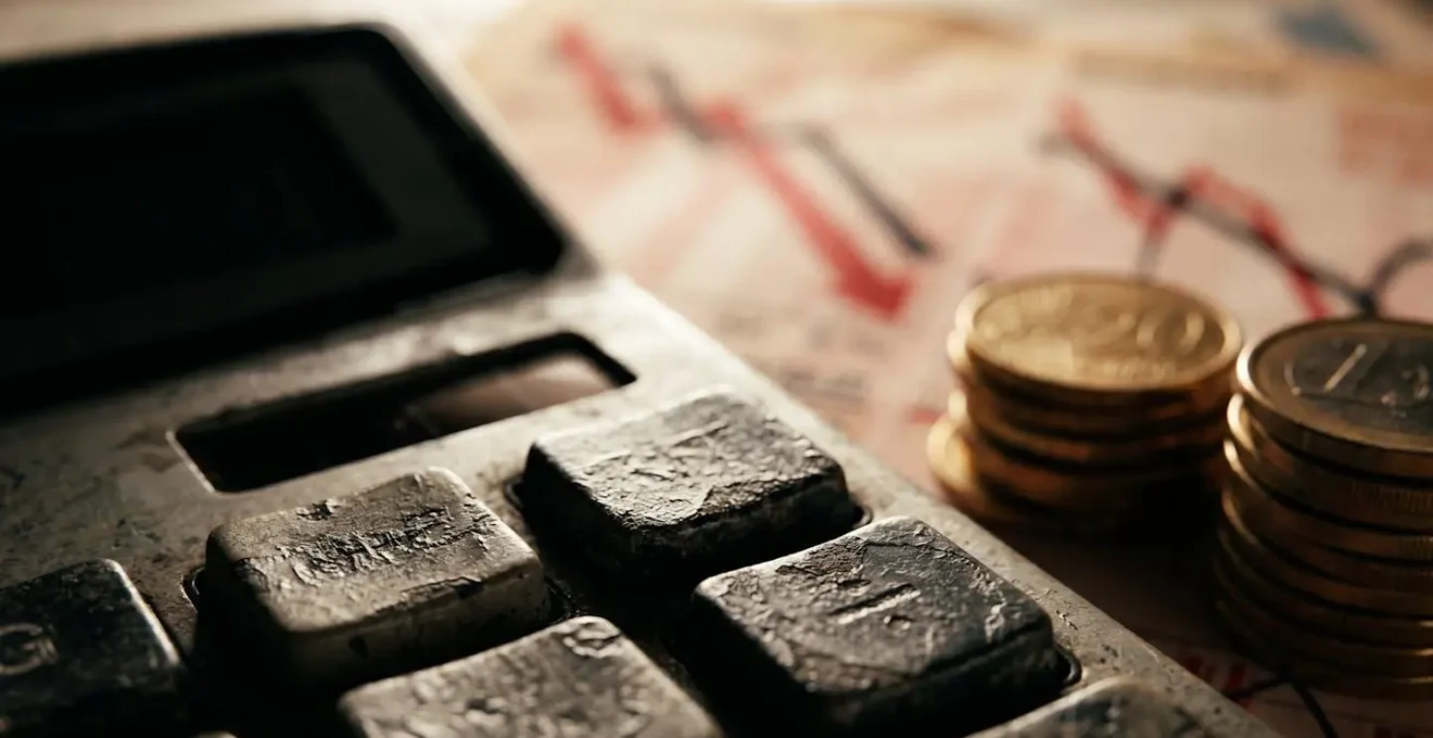 Mani che utilizzano calcolatrice vintage con documenti finanziari e grafici di perdite cumulative