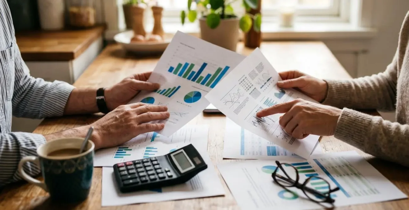 Mani che confrontano preventivi assicurativi con calcolatrice e grafici di risparmio