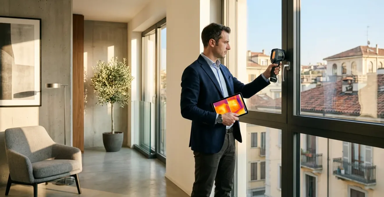 Professionista tecnico durante sopralluogo per certificazione energetica APE in un moderno appartamento italiano