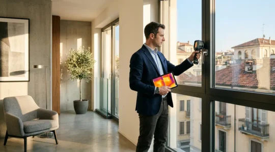 Professionista tecnico durante sopralluogo per certificazione energetica APE in un moderno appartamento italiano