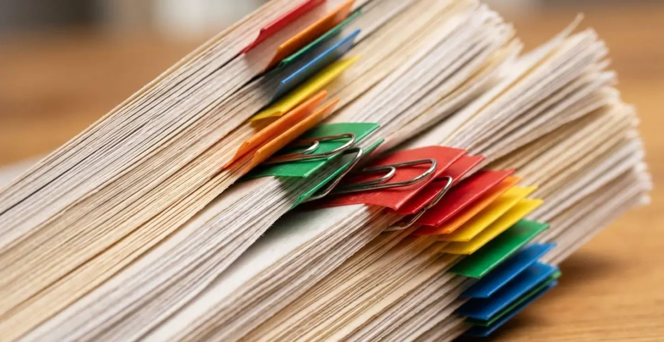 Vista macro ravvicinata di documenti organizzati con graffette colorate su superficie di legno
