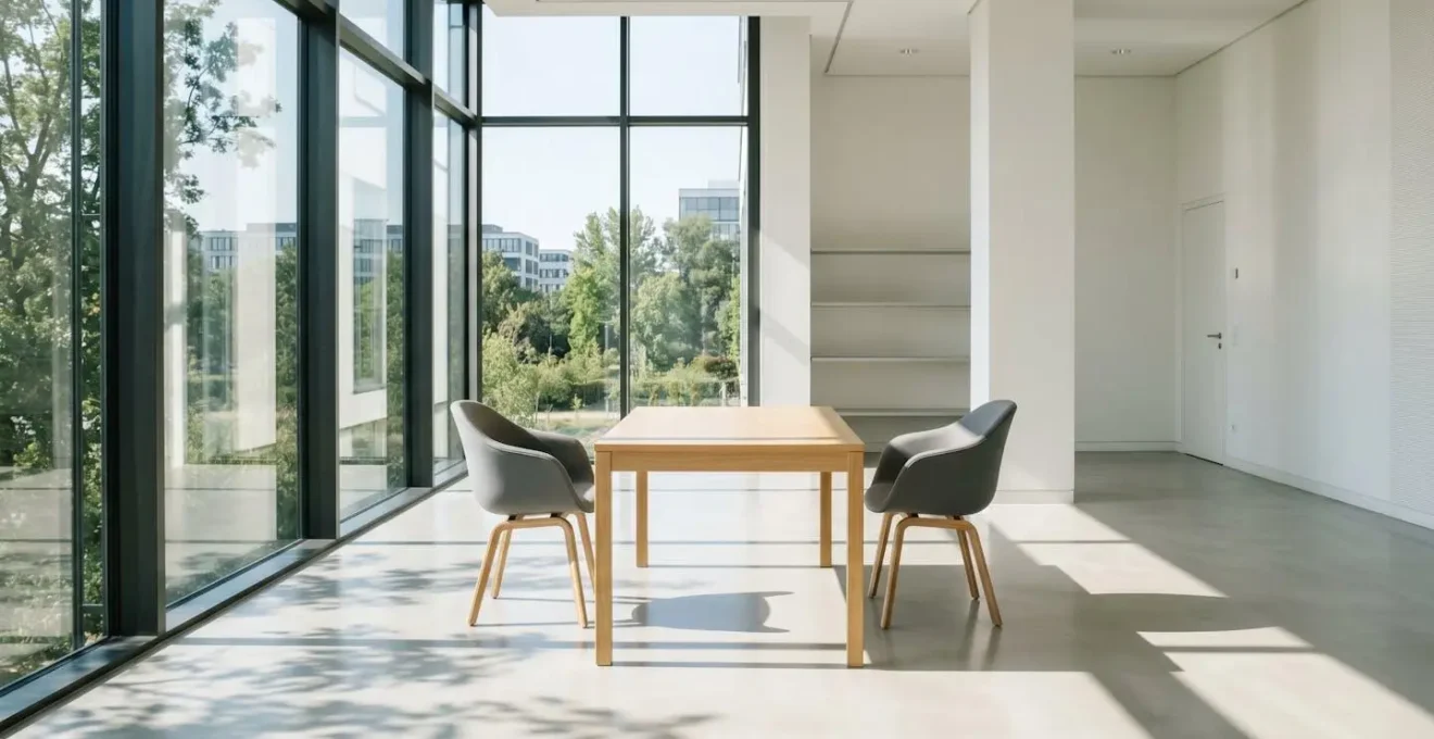 Ambiente minimalista di un ufficio con sedie vuote e luce naturale che filtra dalla finestra
