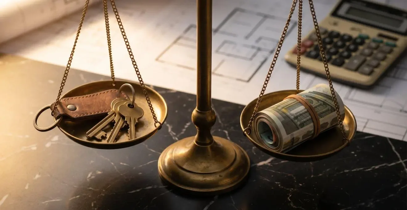 Confronto visivo tra costi di acquisto e affitto con elementi simbolici finanziari